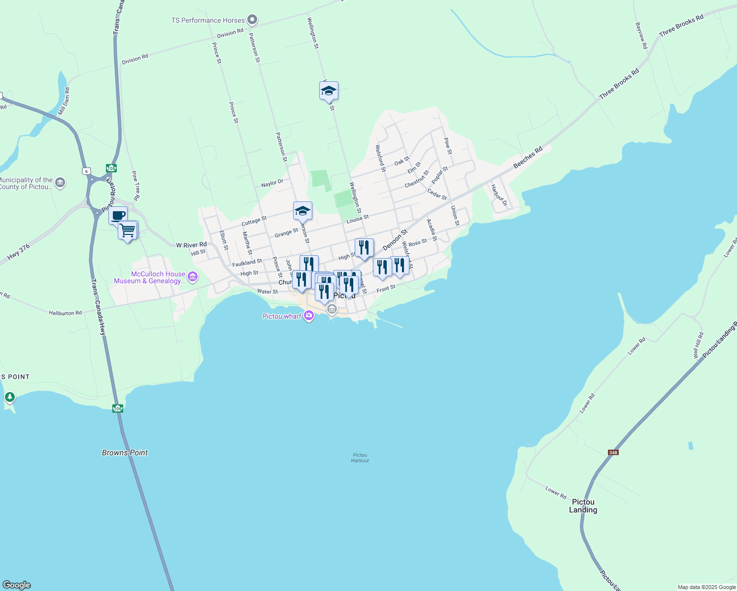 map of restaurants, bars, coffee shops, grocery stores, and more near 49 Front Street in Pictou