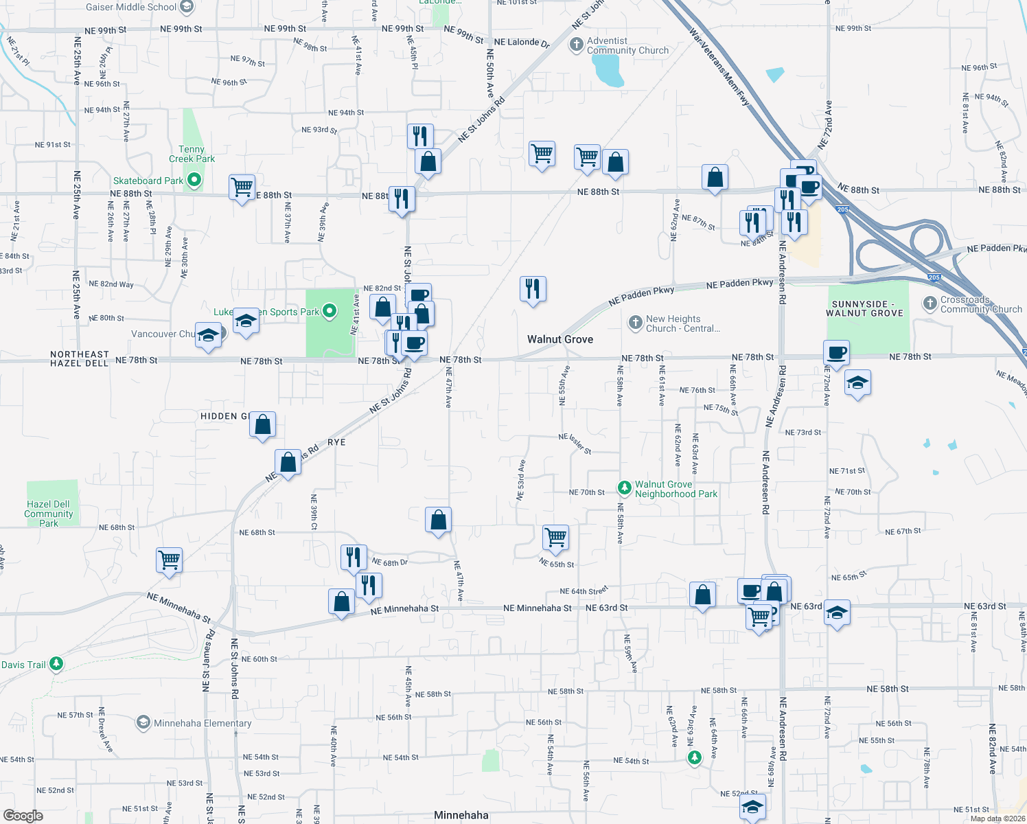 map of restaurants, bars, coffee shops, grocery stores, and more near 5113 Northeast 75th Circle in Vancouver
