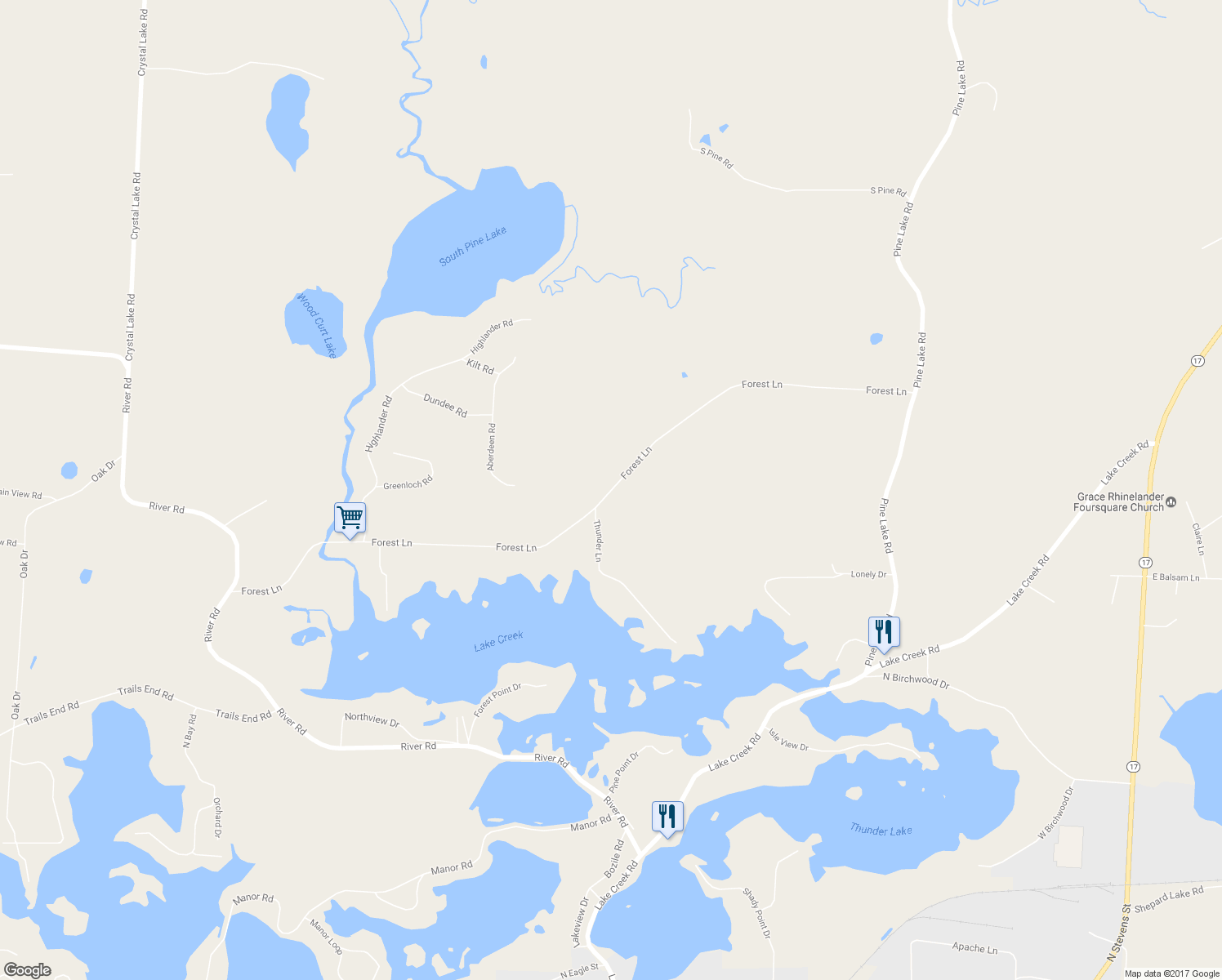 map of restaurants, bars, coffee shops, grocery stores, and more near 5078 Forest Lane in Rhinelander