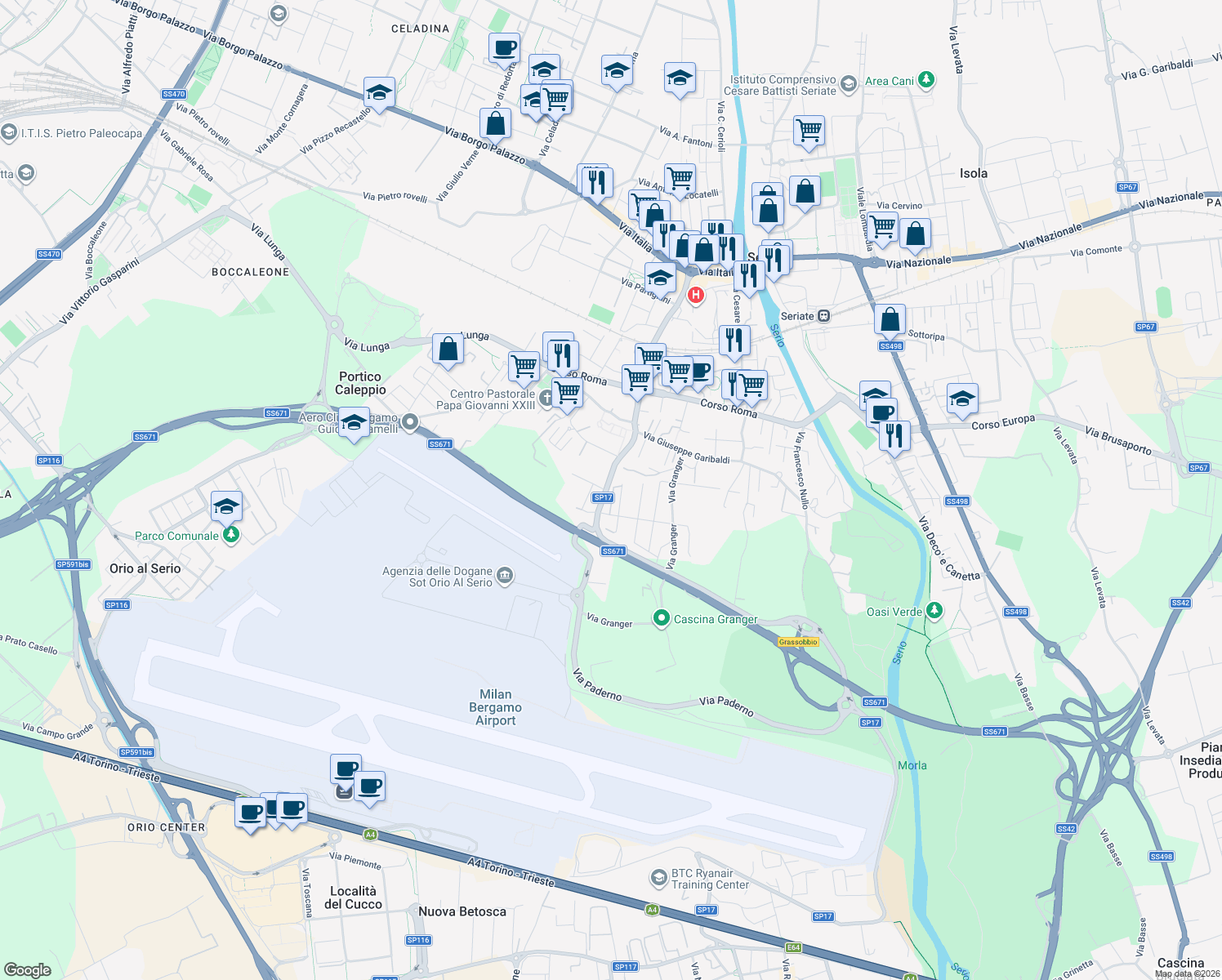 map of restaurants, bars, coffee shops, grocery stores, and more near 35 Via Paderno in Seriate