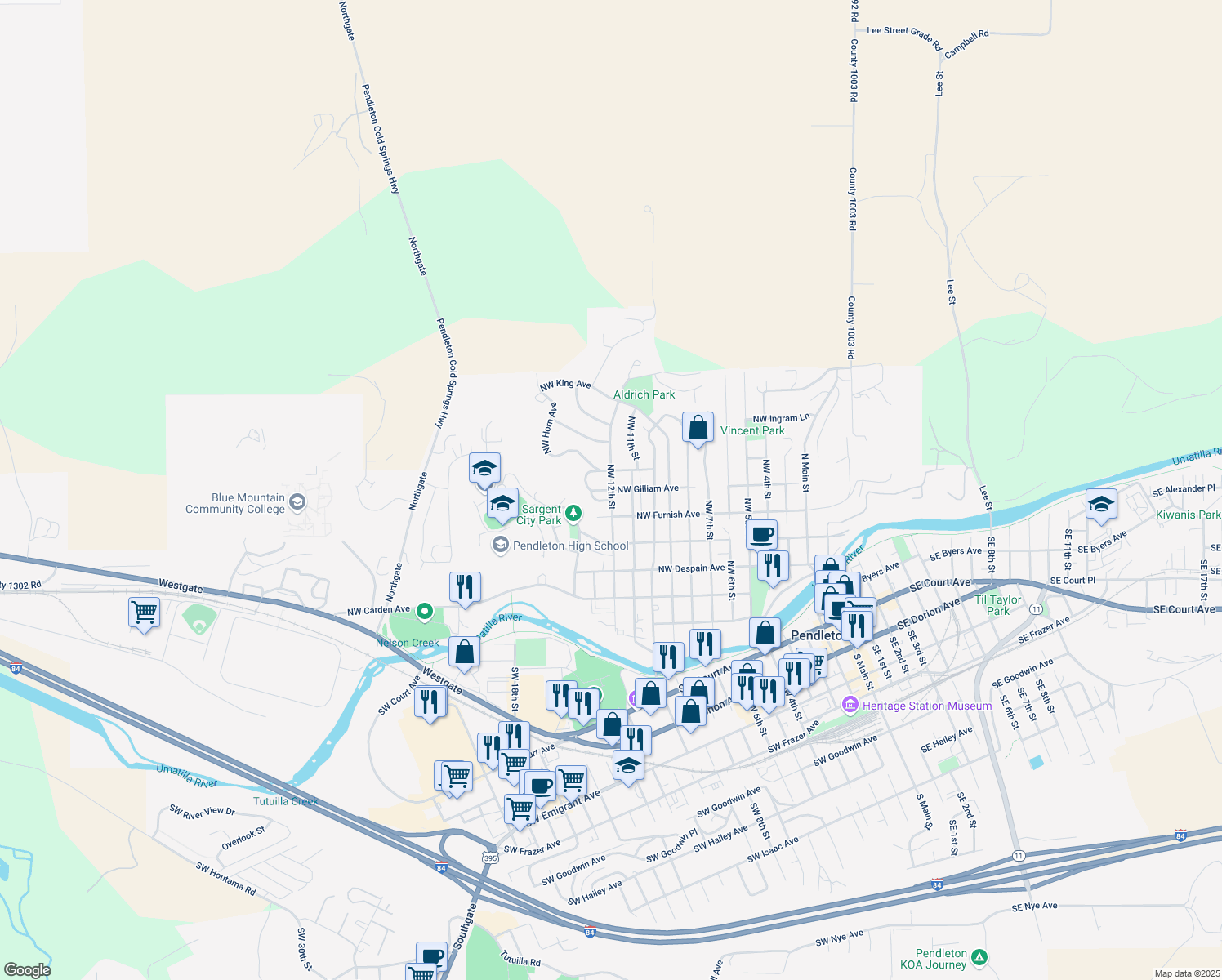 map of restaurants, bars, coffee shops, grocery stores, and more near 2175 Northwest Gilliam Avenue in Pendleton