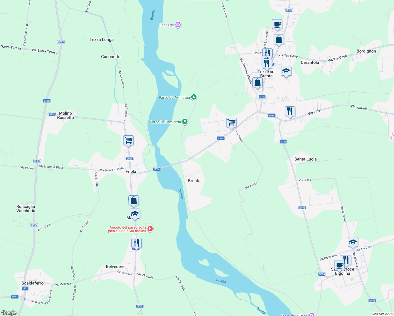 map of restaurants, bars, coffee shops, grocery stores, and more near 60 Viale Brenta in Provincia di Vicenza