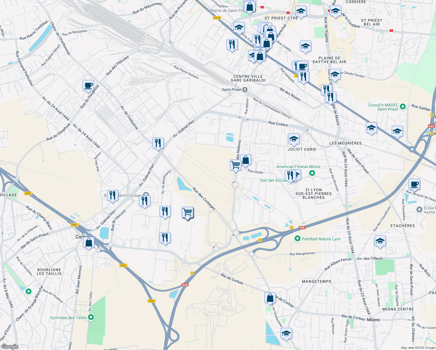 map of restaurants, bars, coffee shops, grocery stores, and more near Boulevard des Nations in Corbas