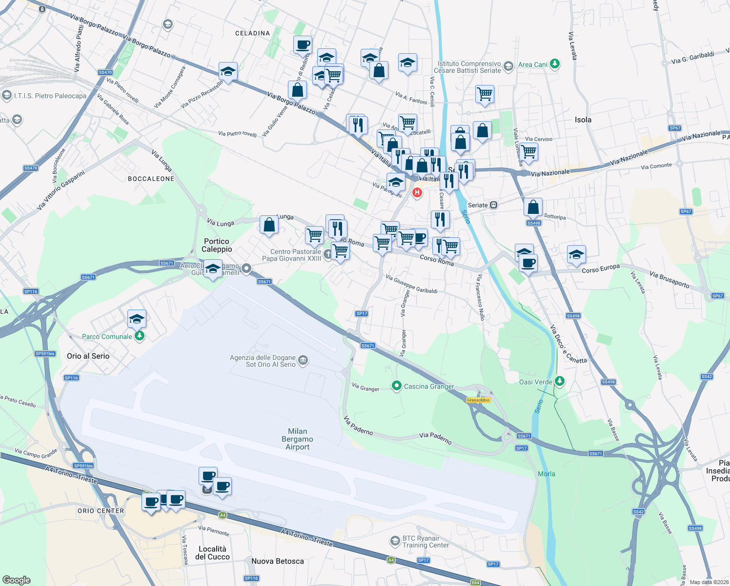 map of restaurants, bars, coffee shops, grocery stores, and more near 35 Via Paderno in Seriate