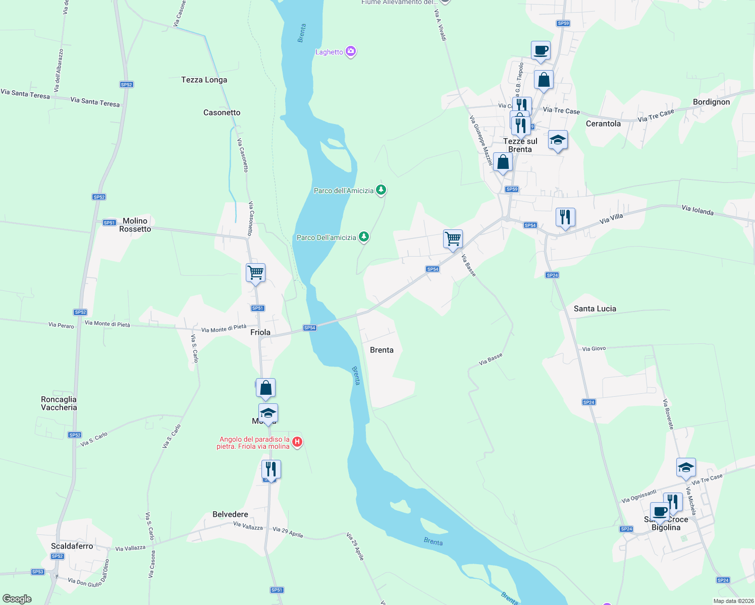 map of restaurants, bars, coffee shops, grocery stores, and more near 60 Viale Brenta in Provincia di Vicenza