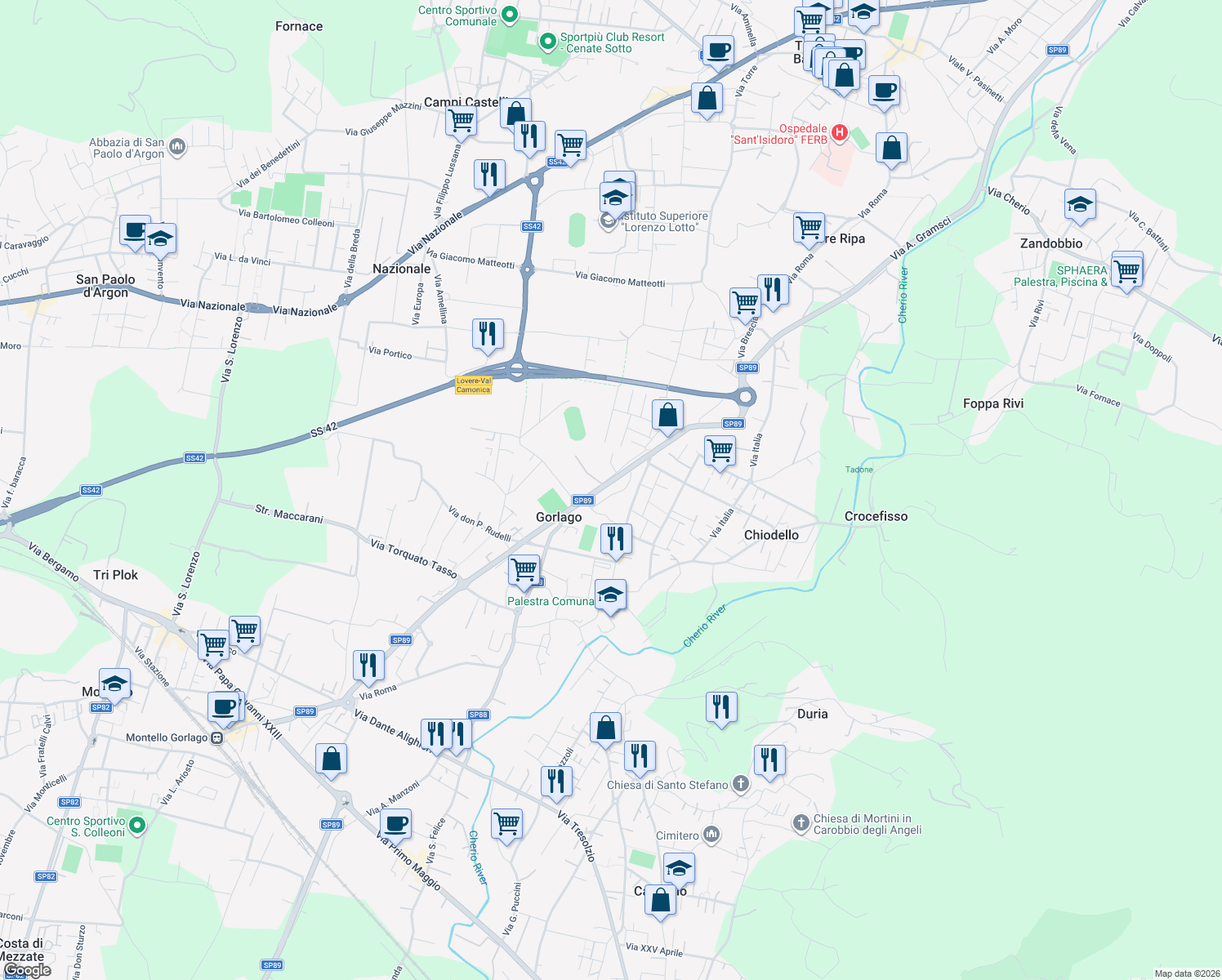 map of restaurants, bars, coffee shops, grocery stores, and more near 18 Via don P. Rudelli in Gorlago