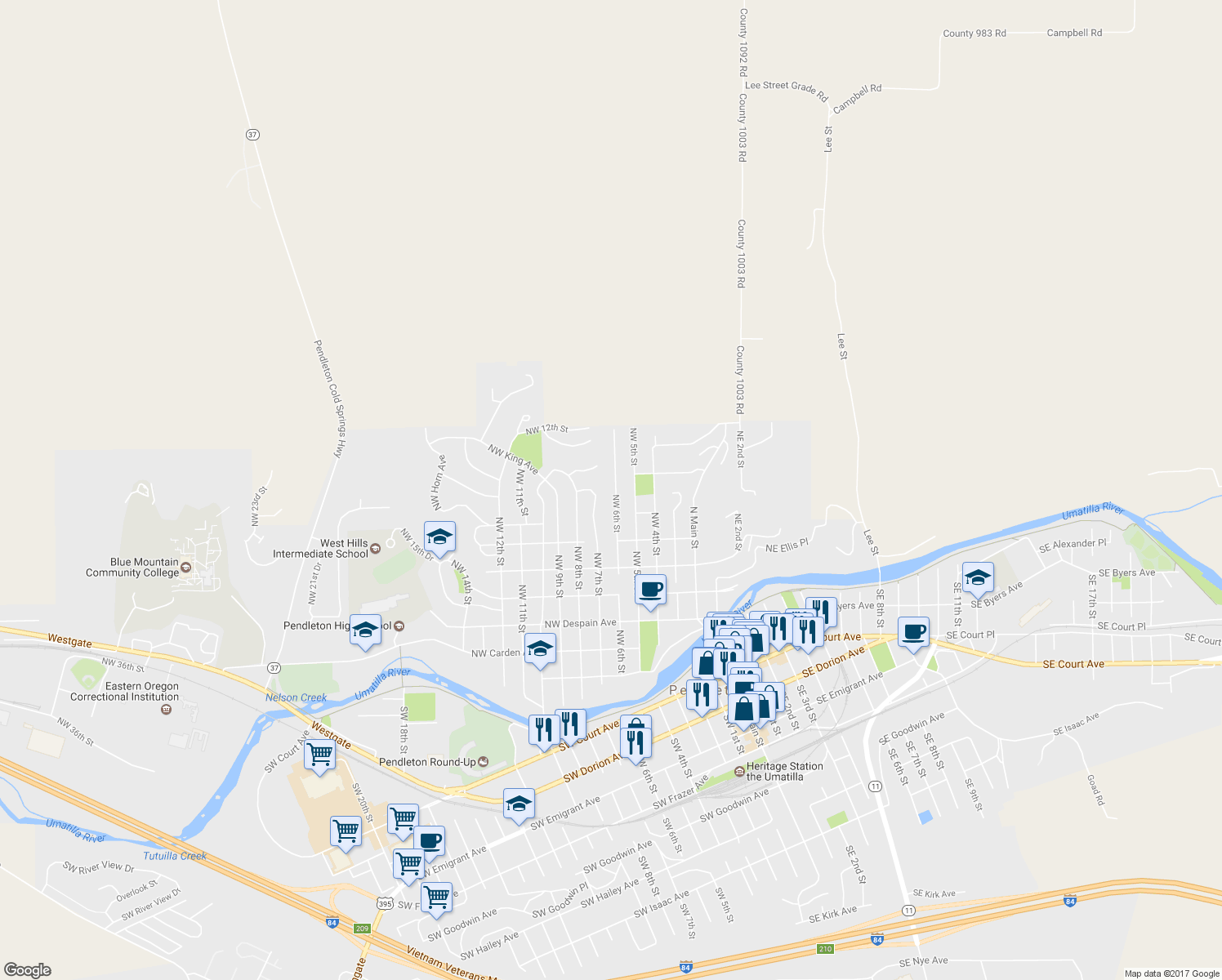 map of restaurants, bars, coffee shops, grocery stores, and more near 715 Northwest 6th Street in Pendleton