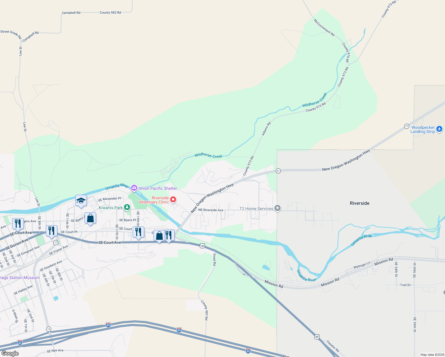 map of restaurants, bars, coffee shops, grocery stores, and more near 31 Northeast Mount Hebron Drive in Pendleton