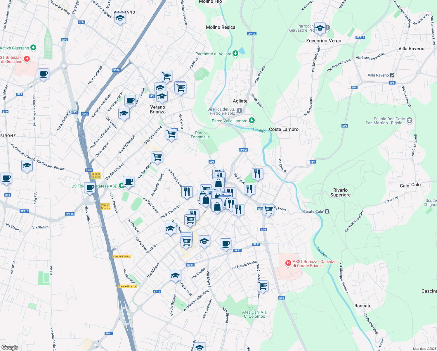 map of restaurants, bars, coffee shops, grocery stores, and more near 5 Via Giuseppe Garibaldi in Carate Brianza