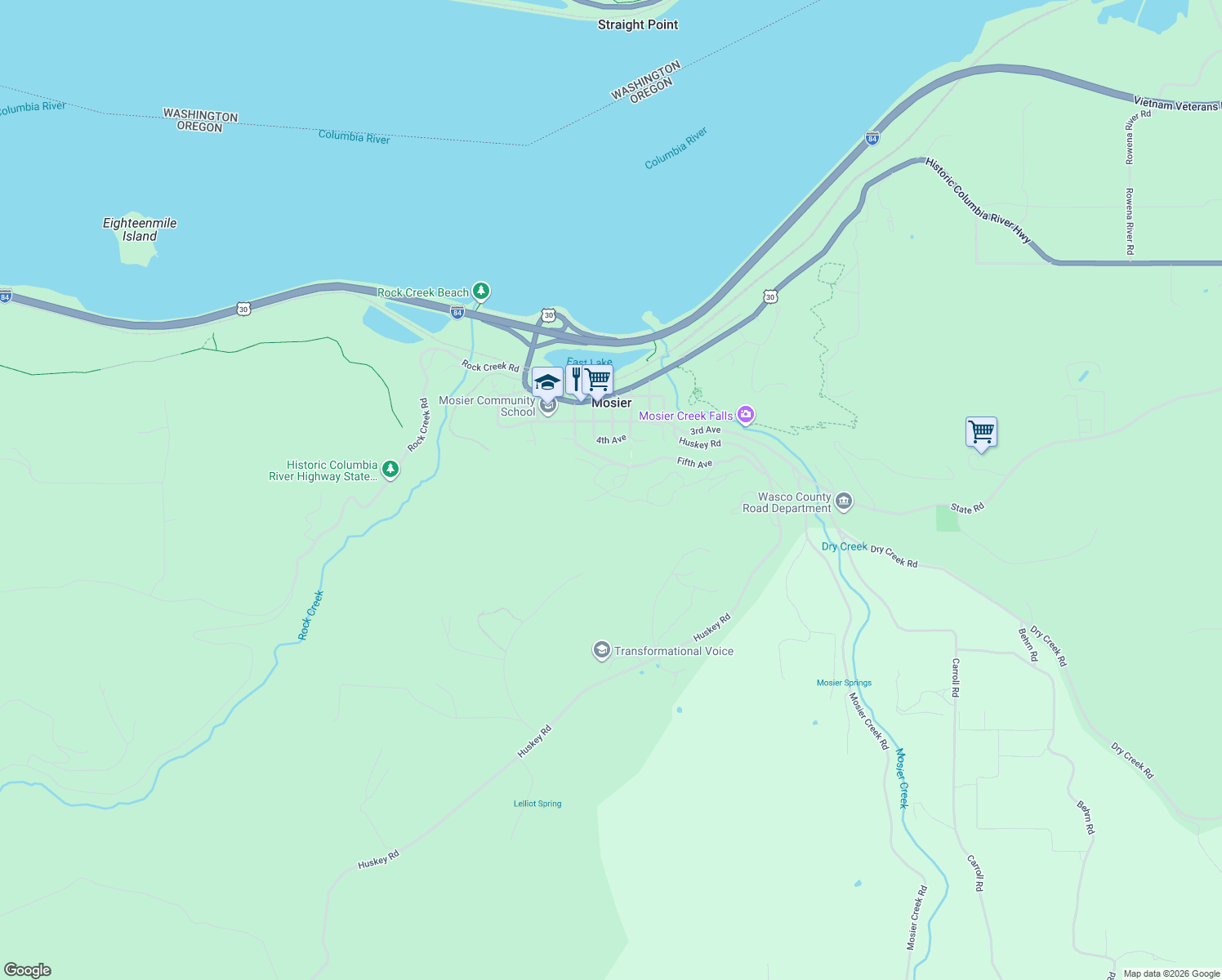 map of restaurants, bars, coffee shops, grocery stores, and more near Asher Street in Mosier