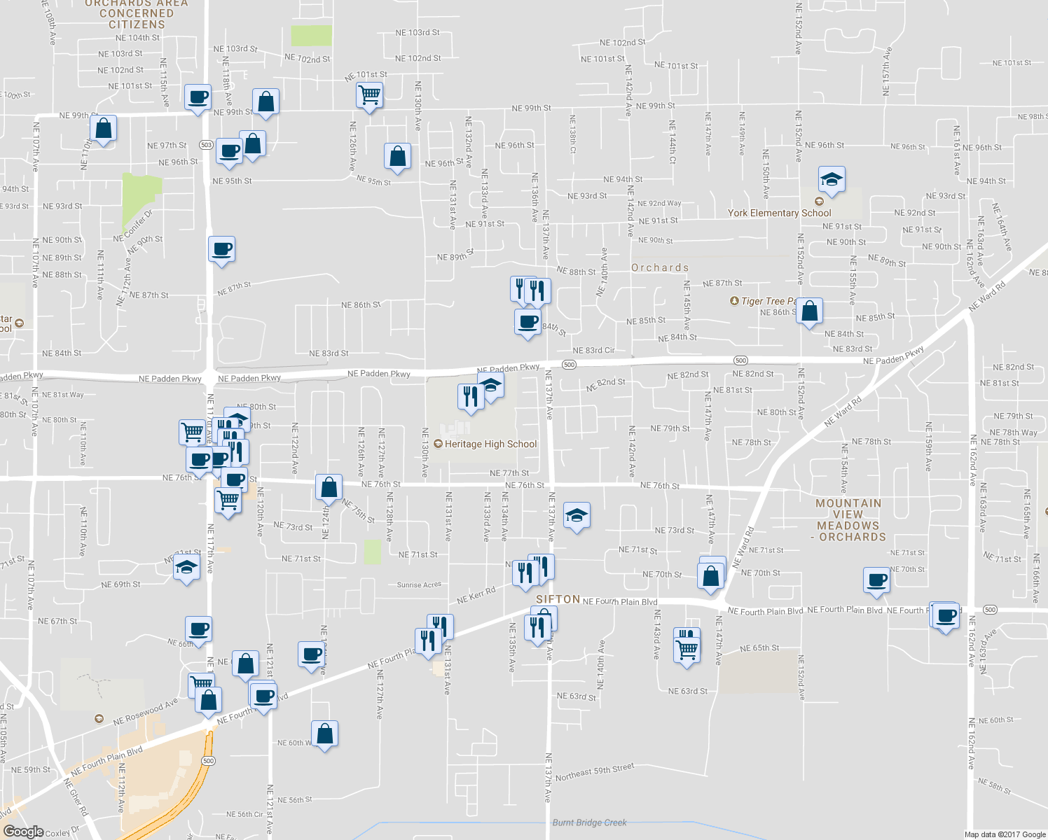 map of restaurants, bars, coffee shops, grocery stores, and more near 13508 Northeast 80th Circle in Vancouver