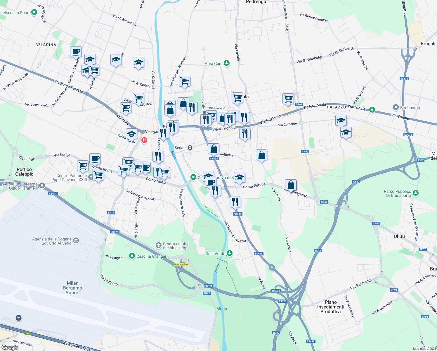 map of restaurants, bars, coffee shops, grocery stores, and more near 51C Via Guglielmo Marconi in Seriate