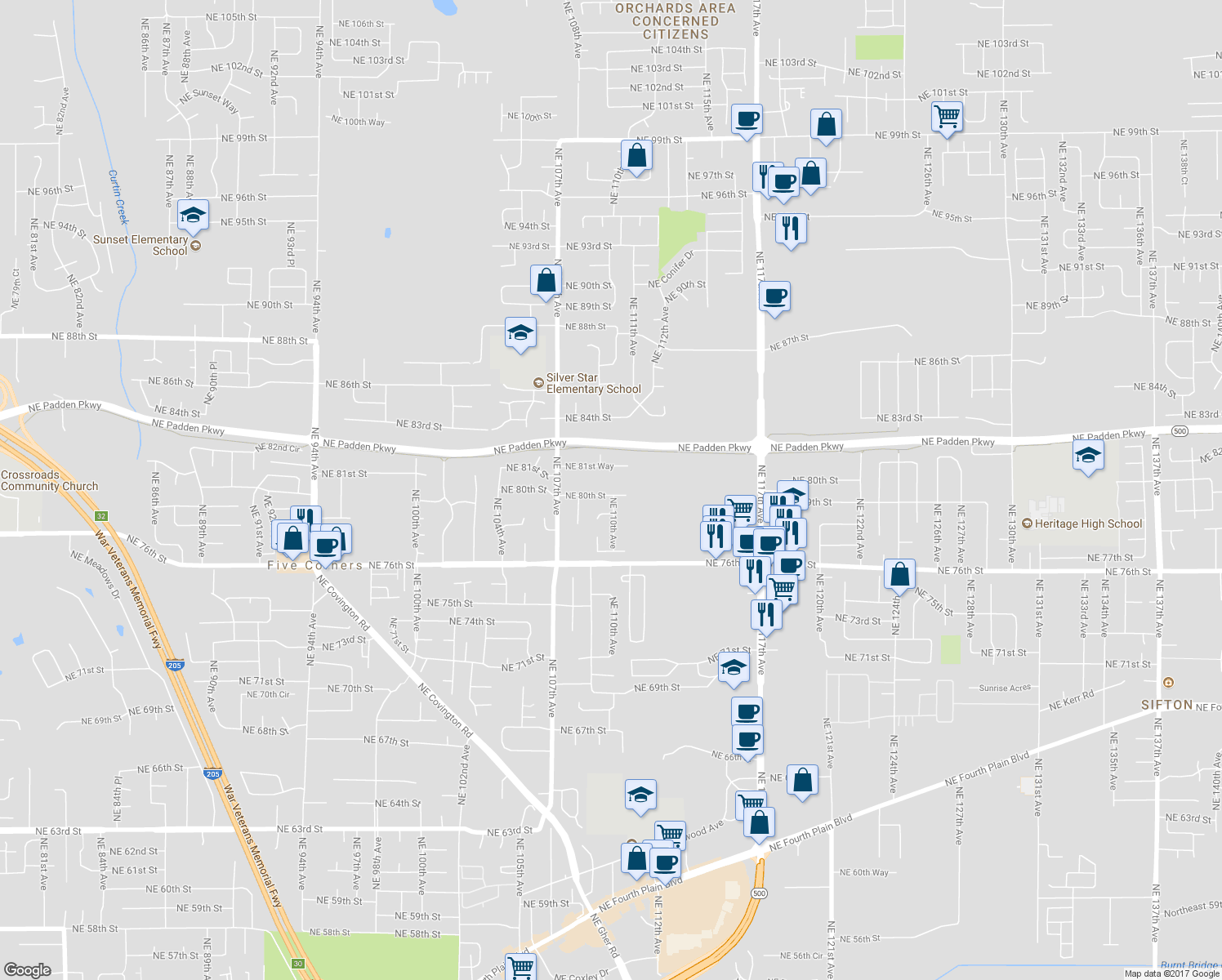 map of restaurants, bars, coffee shops, grocery stores, and more near 10908 Northeast 80th Street in Vancouver