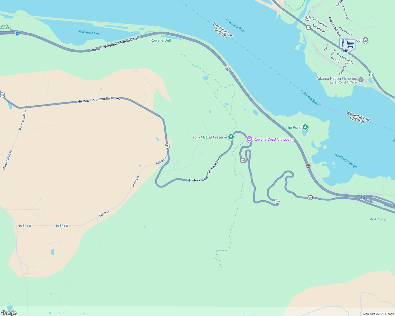 map of restaurants, bars, coffee shops, grocery stores, and more near 1072 Canyon Way in The Dalles