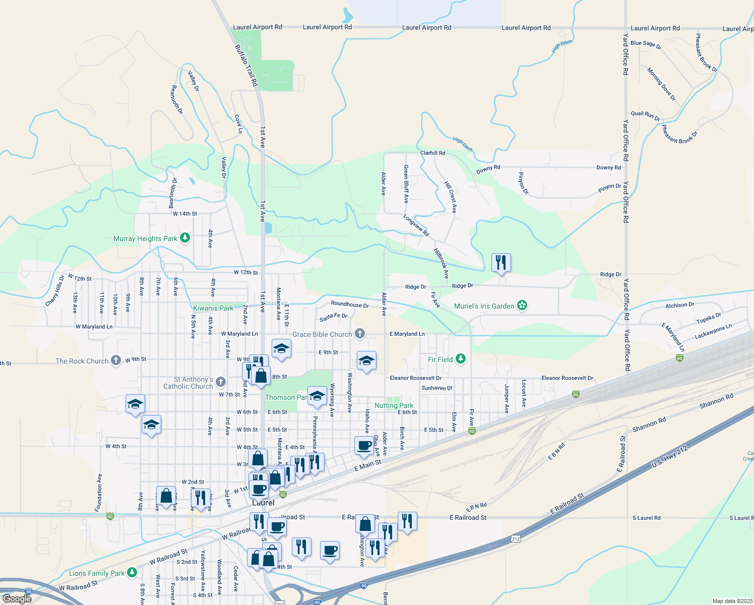 map of restaurants, bars, coffee shops, grocery stores, and more near 705 Roundhouse Drive in Laurel