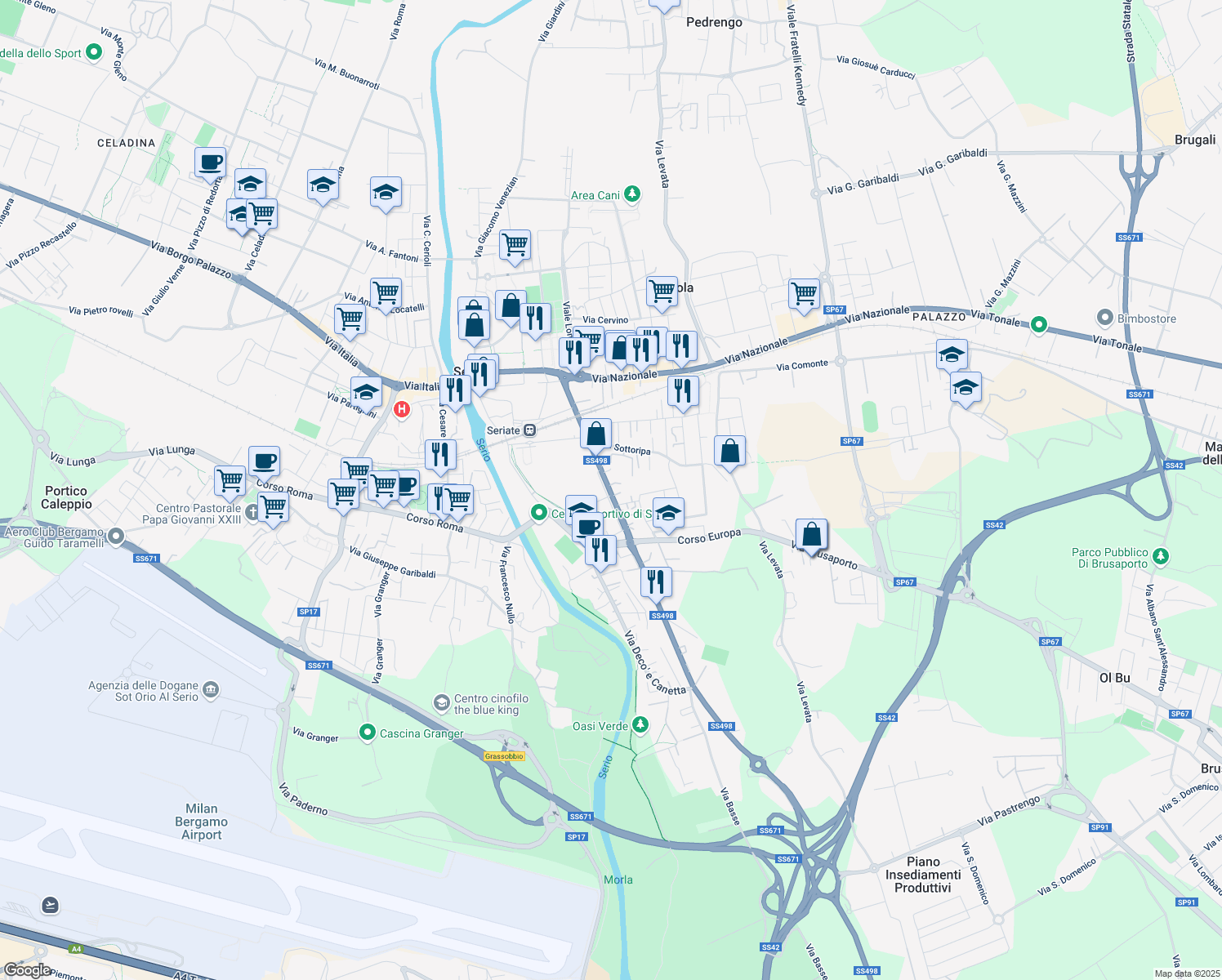 map of restaurants, bars, coffee shops, grocery stores, and more near 51C Via Guglielmo Marconi in Seriate