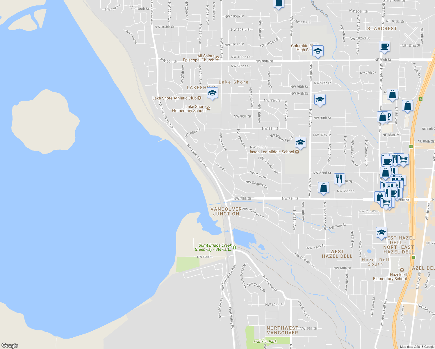 map of restaurants, bars, coffee shops, grocery stores, and more near 8117 Northwest Fruit Valley Road in Vancouver