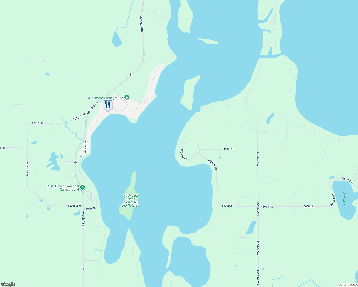 map of restaurants, bars, coffee shops, grocery stores, and more near 50550 Bayside Ave in Rush City