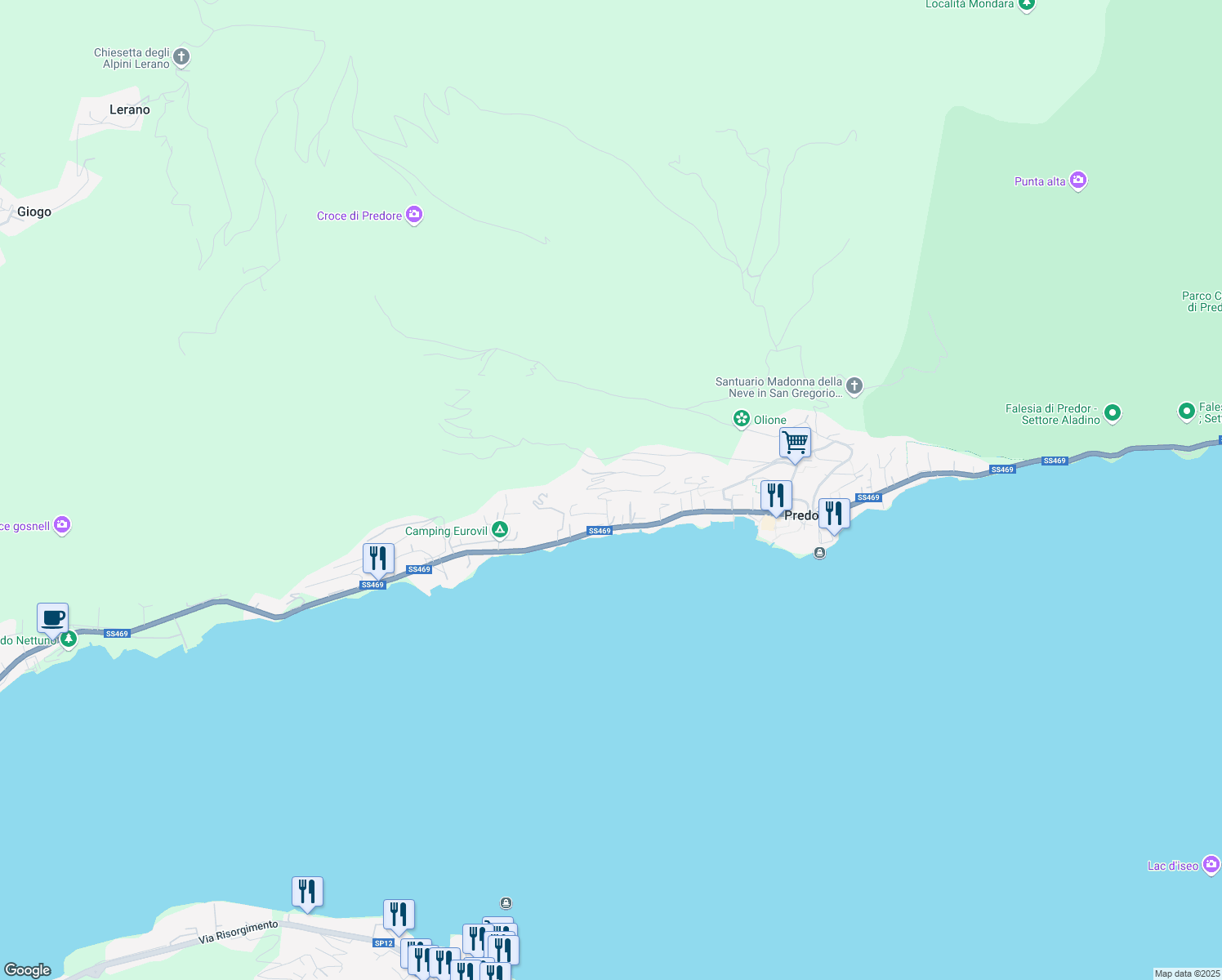 map of restaurants, bars, coffee shops, grocery stores, and more near 16 Via Campitino in Predore