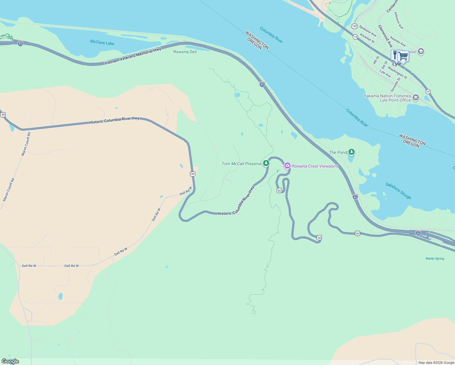map of restaurants, bars, coffee shops, grocery stores, and more near 1072 Canyon Way in The Dalles