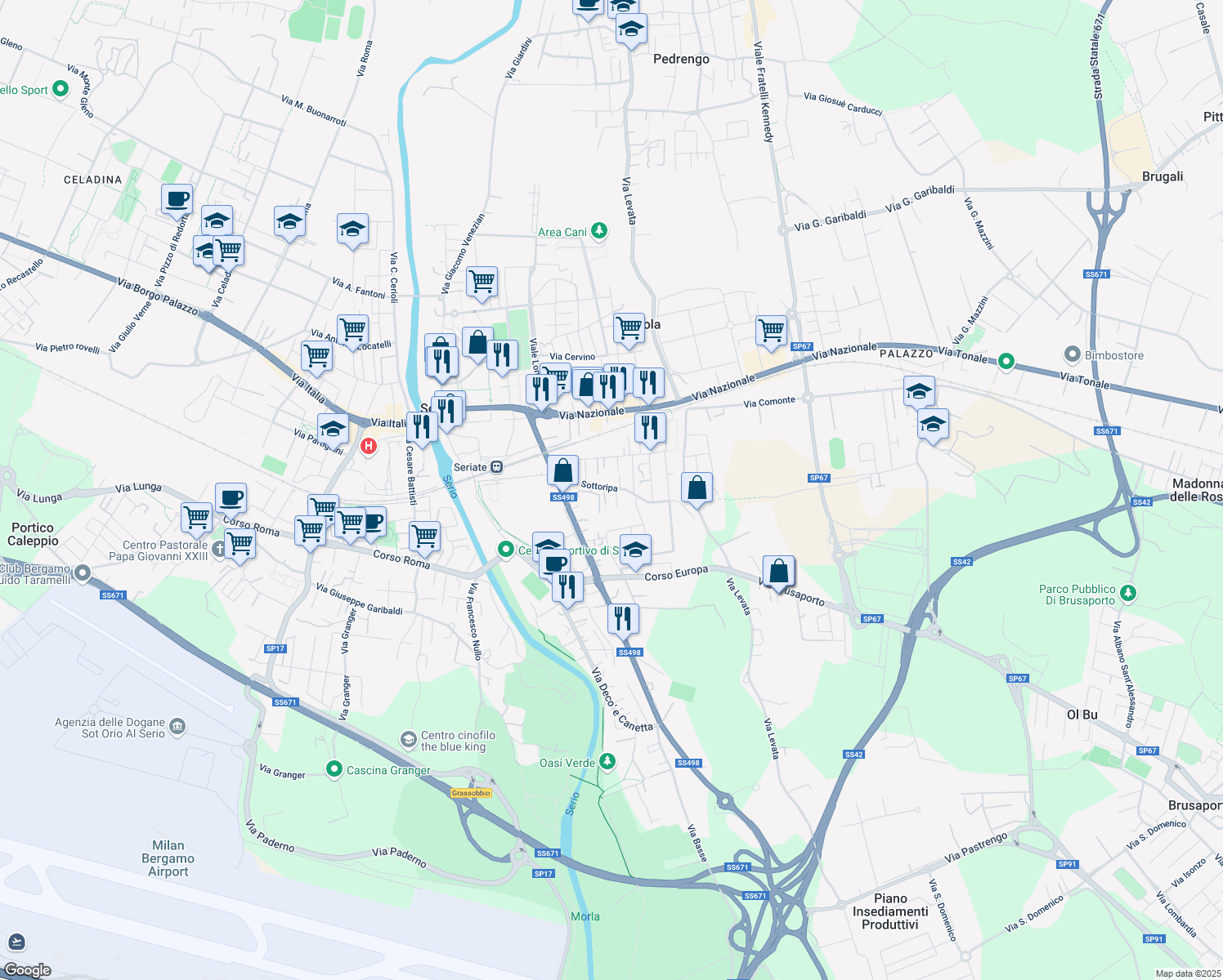 map of restaurants, bars, coffee shops, grocery stores, and more near 18 Via Sottoripa in Seriate