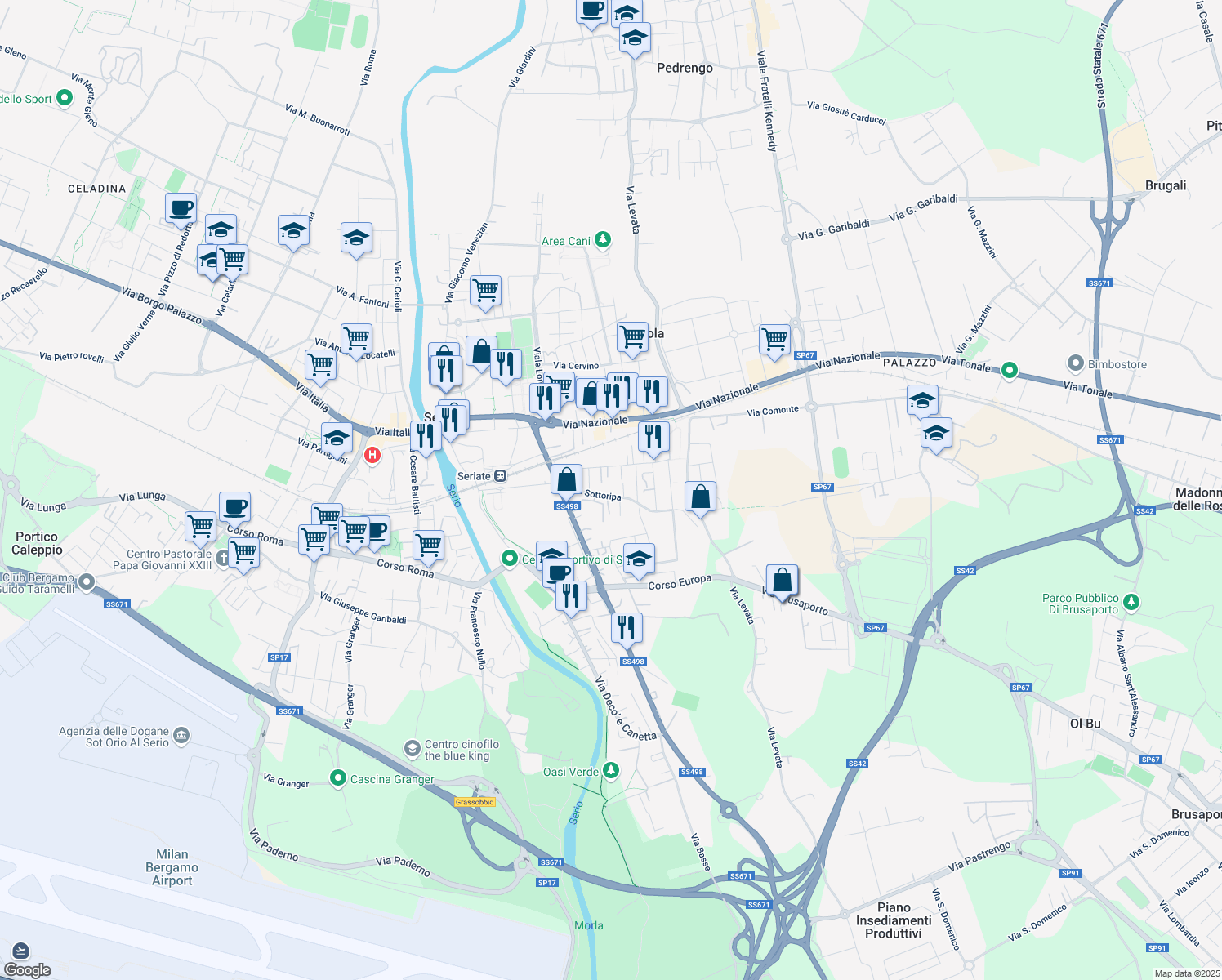 map of restaurants, bars, coffee shops, grocery stores, and more near 18 Via Sottoripa in Seriate