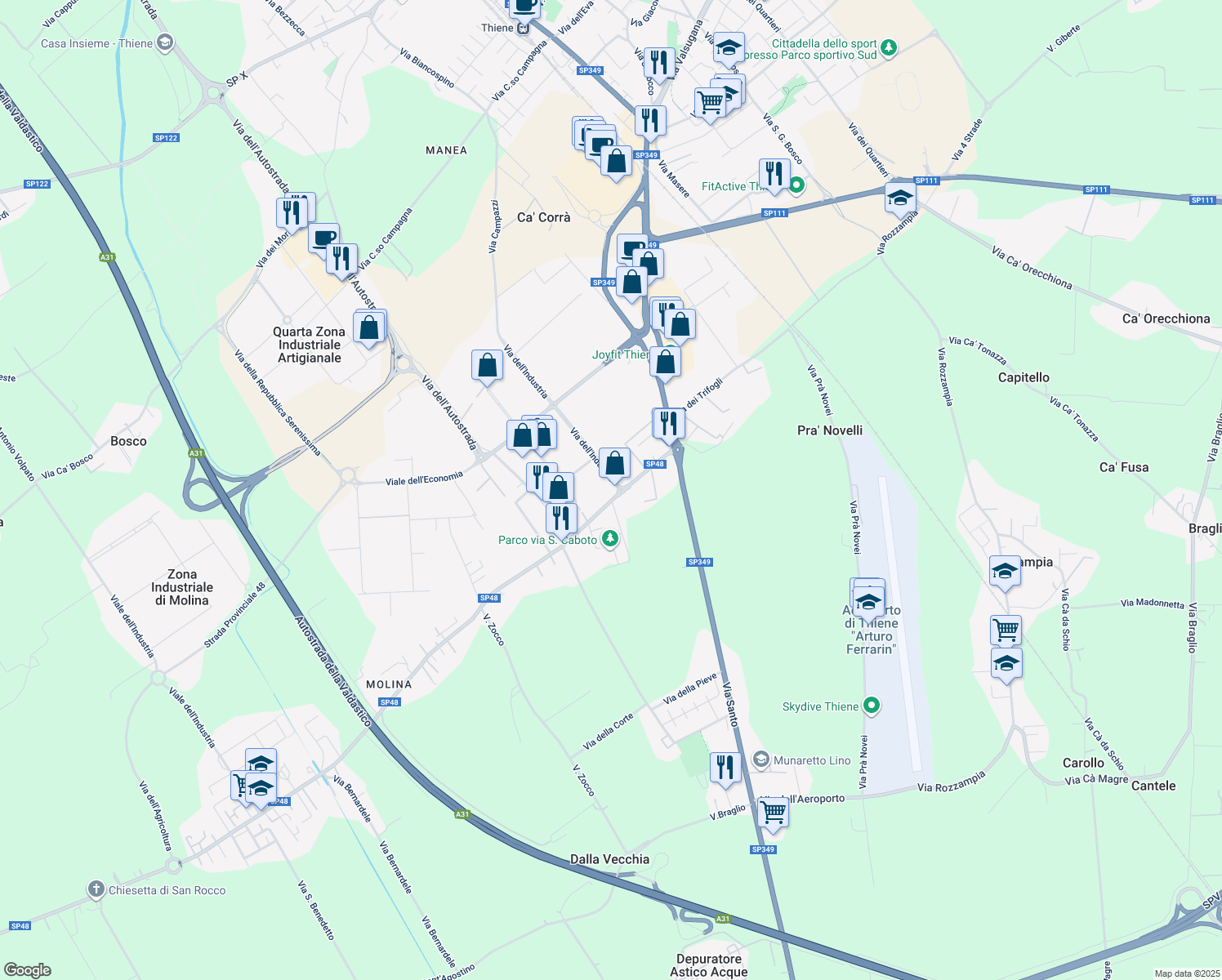 map of restaurants, bars, coffee shops, grocery stores, and more near 24 Via Lampertico in Thiene