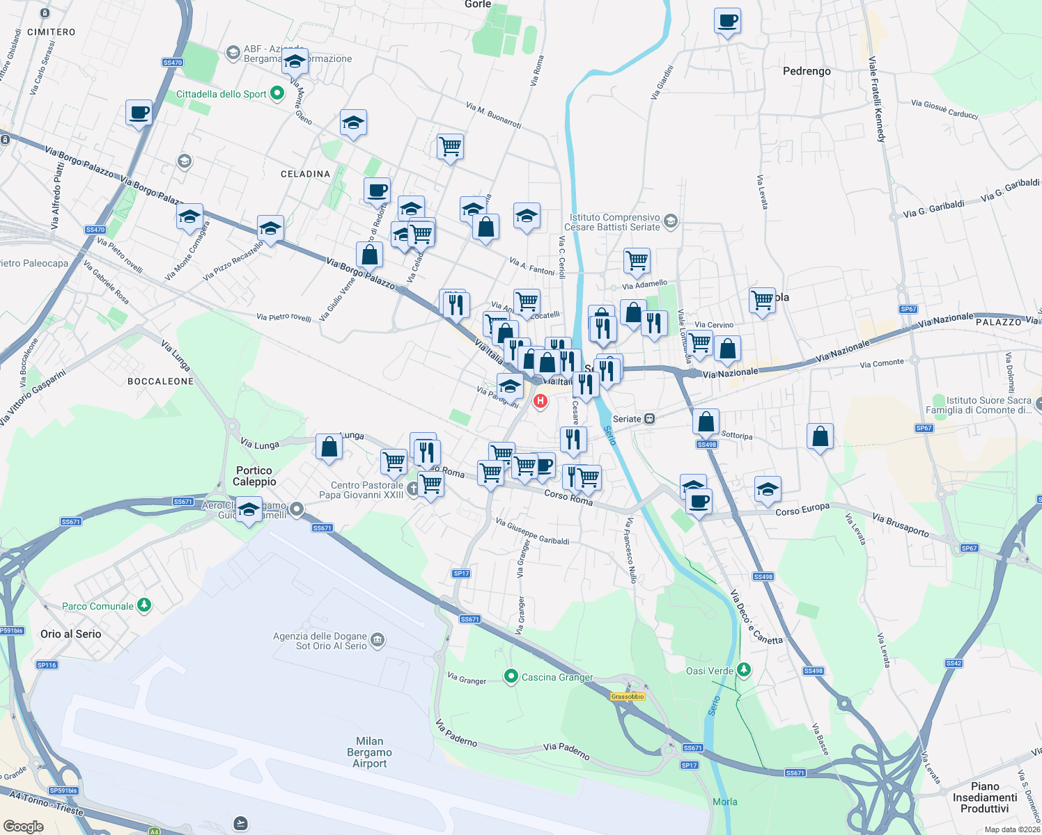 map of restaurants, bars, coffee shops, grocery stores, and more near 19 Via Paderno in Seriate