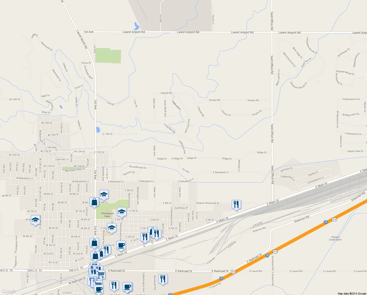 map of restaurants, bars, coffee shops, grocery stores, and more near Hillbrook Avenue in Laurel