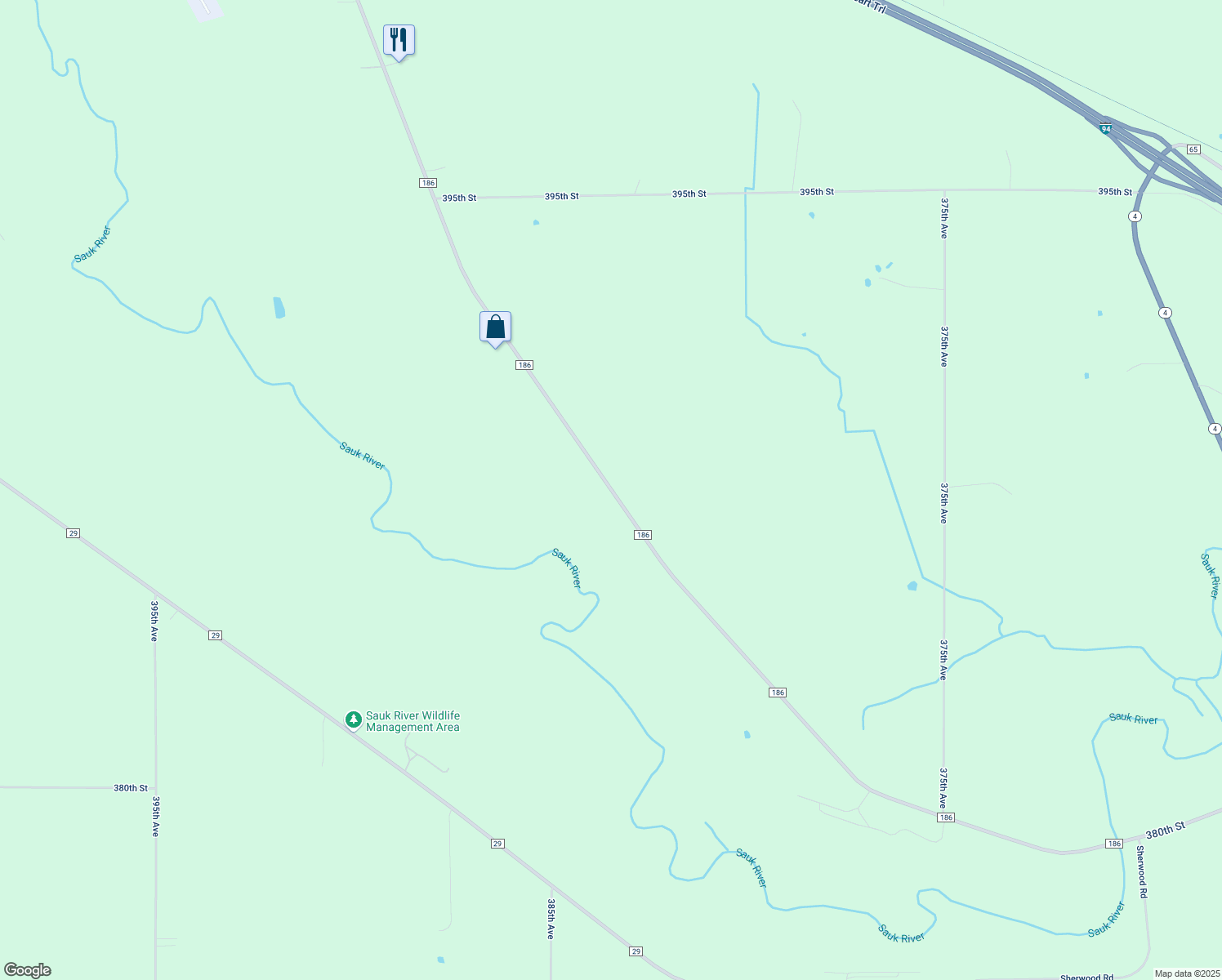 map of restaurants, bars, coffee shops, grocery stores, and more near 38182 County Road 186 in Sauk Centre