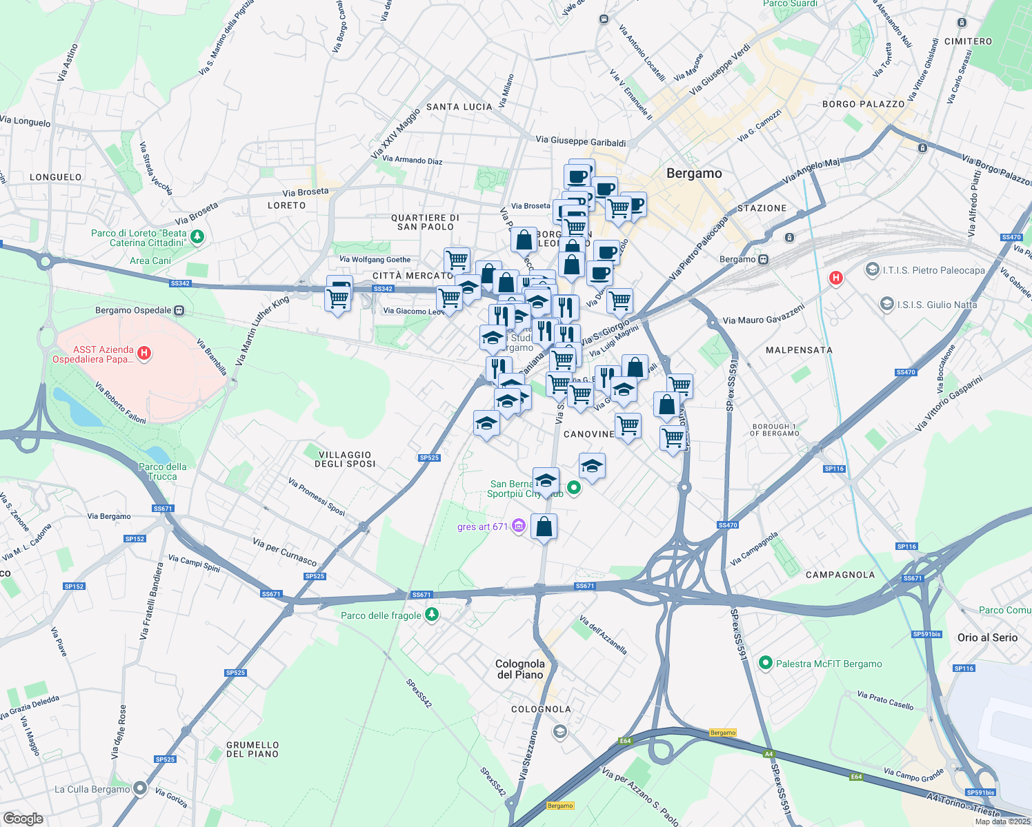map of restaurants, bars, coffee shops, grocery stores, and more near 36 Via San Tomaso de' Calvi in Bergamo