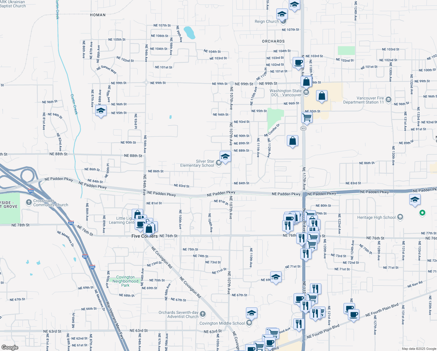 map of restaurants, bars, coffee shops, grocery stores, and more near 10510 Northeast 85th Street in Vancouver