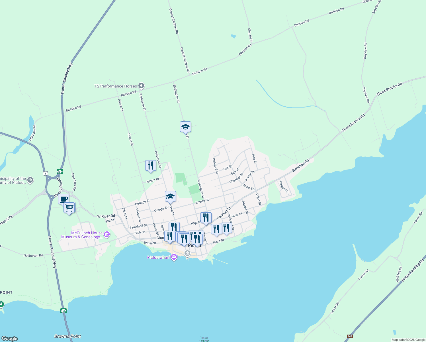 map of restaurants, bars, coffee shops, grocery stores, and more near 62 Oak Street in Pictou
