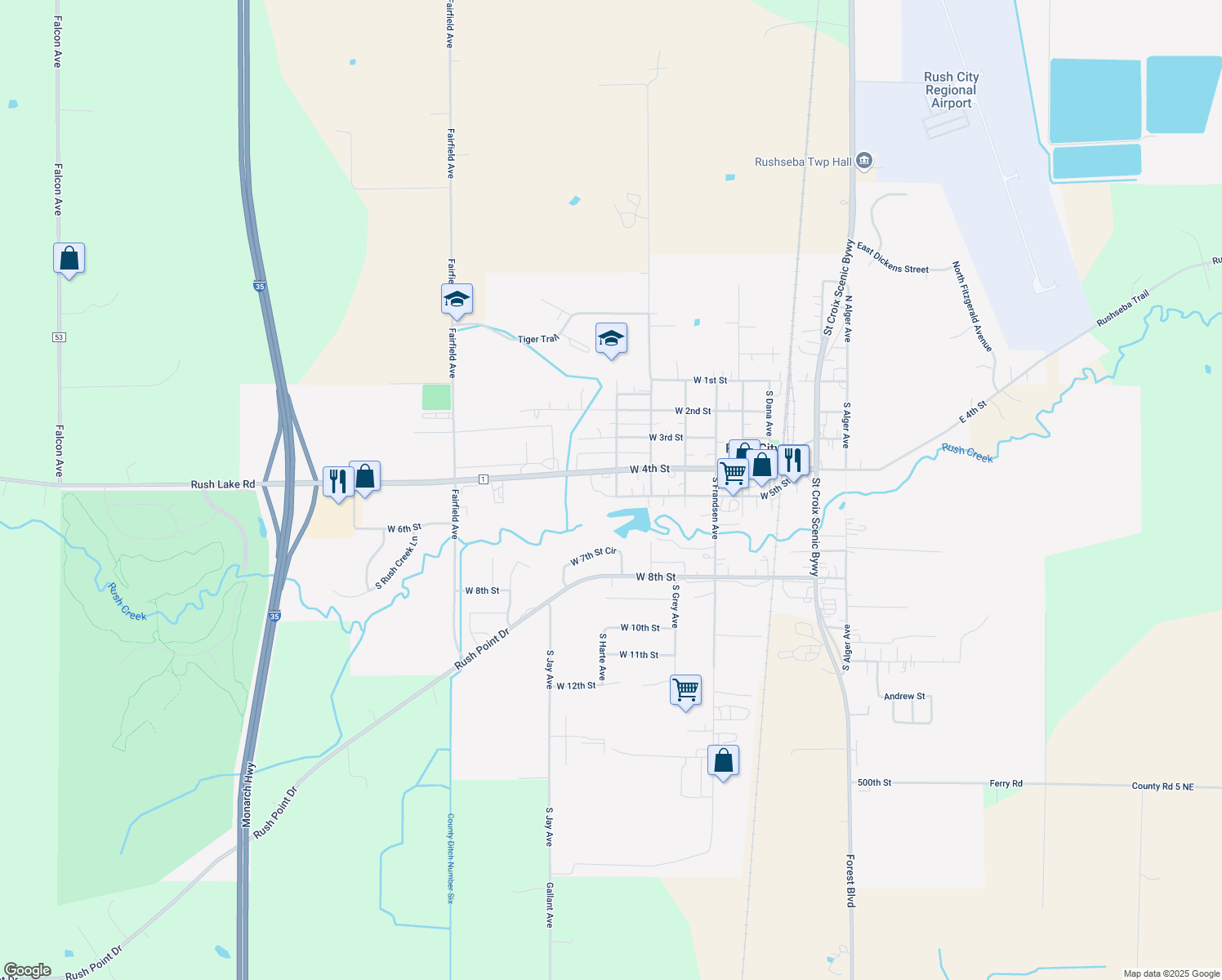 map of restaurants, bars, coffee shops, grocery stores, and more near 165 S Irving Ave in Rush City
