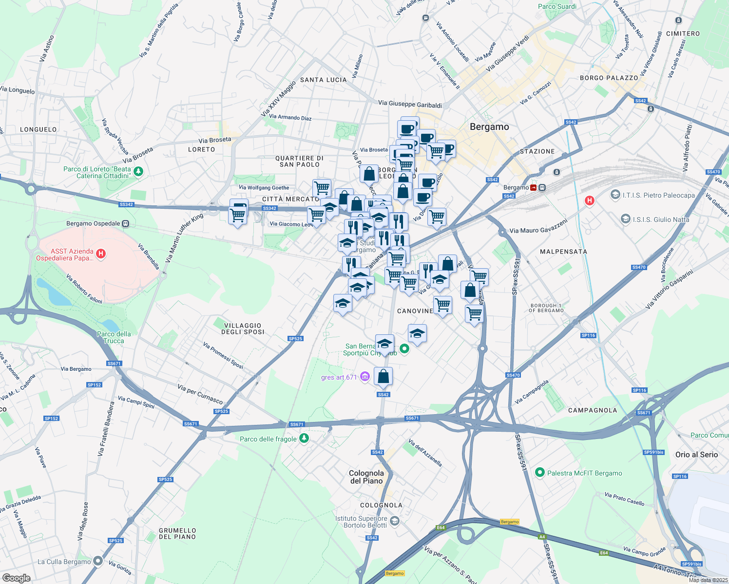map of restaurants, bars, coffee shops, grocery stores, and more near 36 Via San Tomaso de' Calvi in Bergamo
