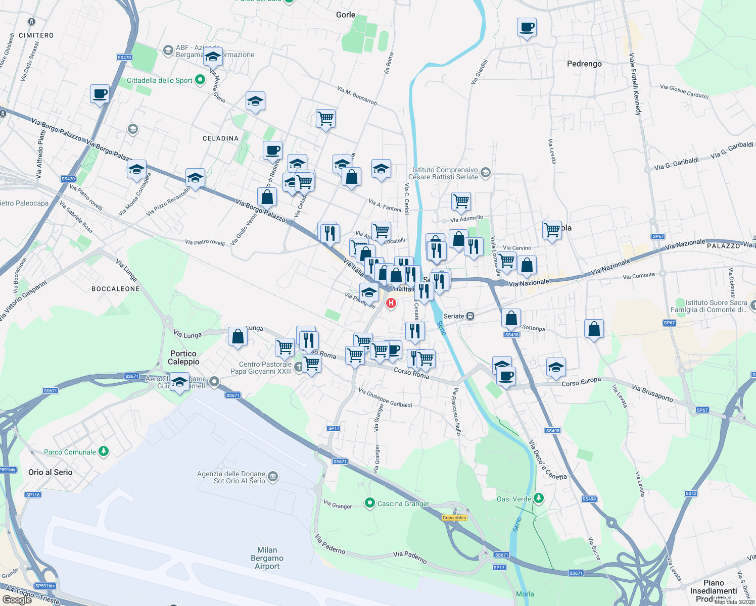 map of restaurants, bars, coffee shops, grocery stores, and more near 19 Via Paderno in Seriate