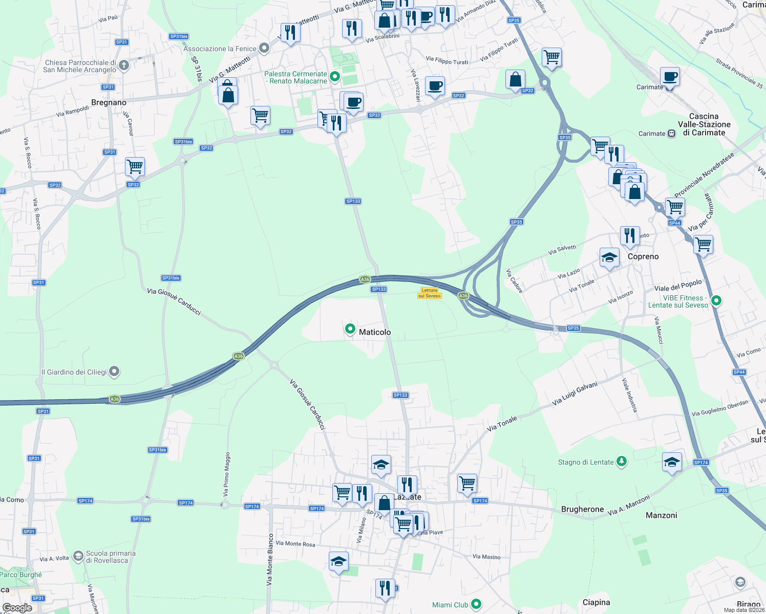 map of restaurants, bars, coffee shops, grocery stores, and more near in Lazzate