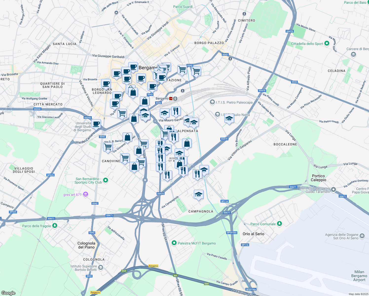 map of restaurants, bars, coffee shops, grocery stores, and more near 5 Via Giovannino De Grassi in Bergamo