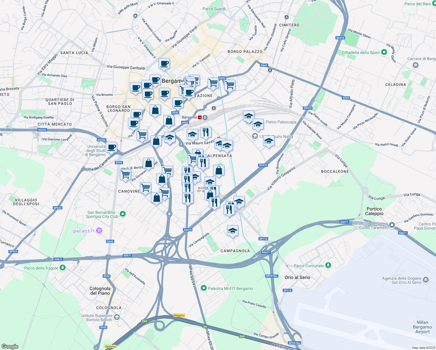 map of restaurants, bars, coffee shops, grocery stores, and more near 5 Via Giovannino De Grassi in Bergamo
