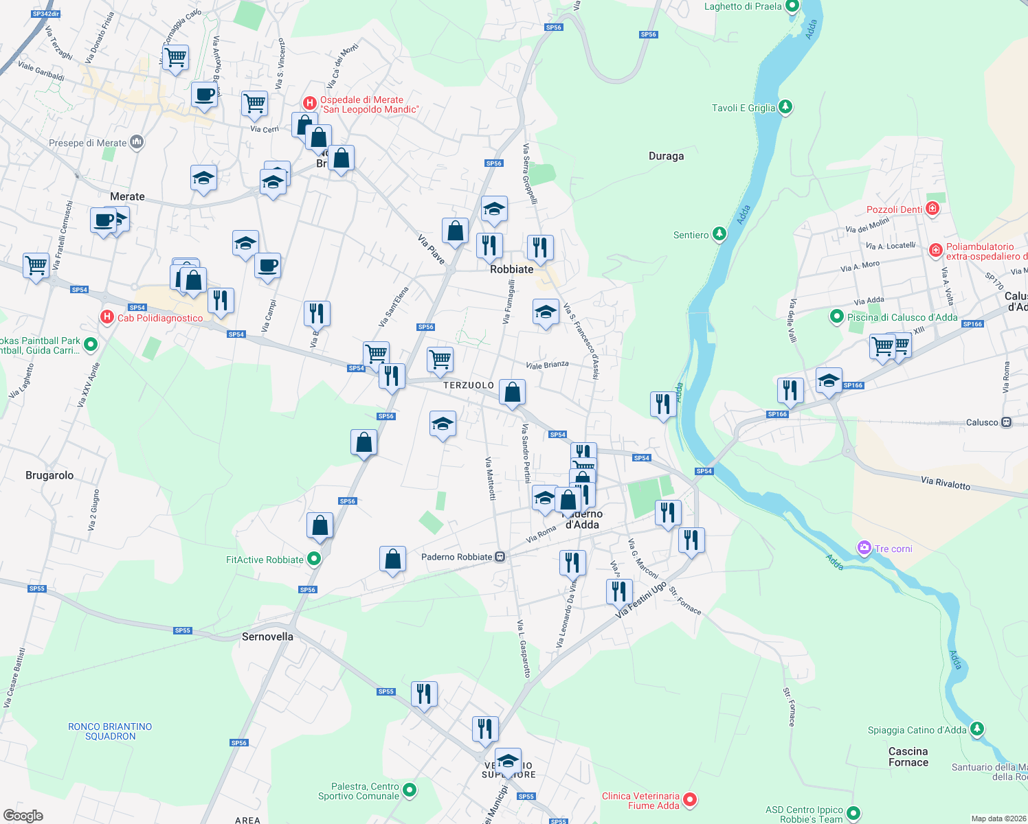 map of restaurants, bars, coffee shops, grocery stores, and more near 6 Via Don Sebastiano Colleoni in Robbiate