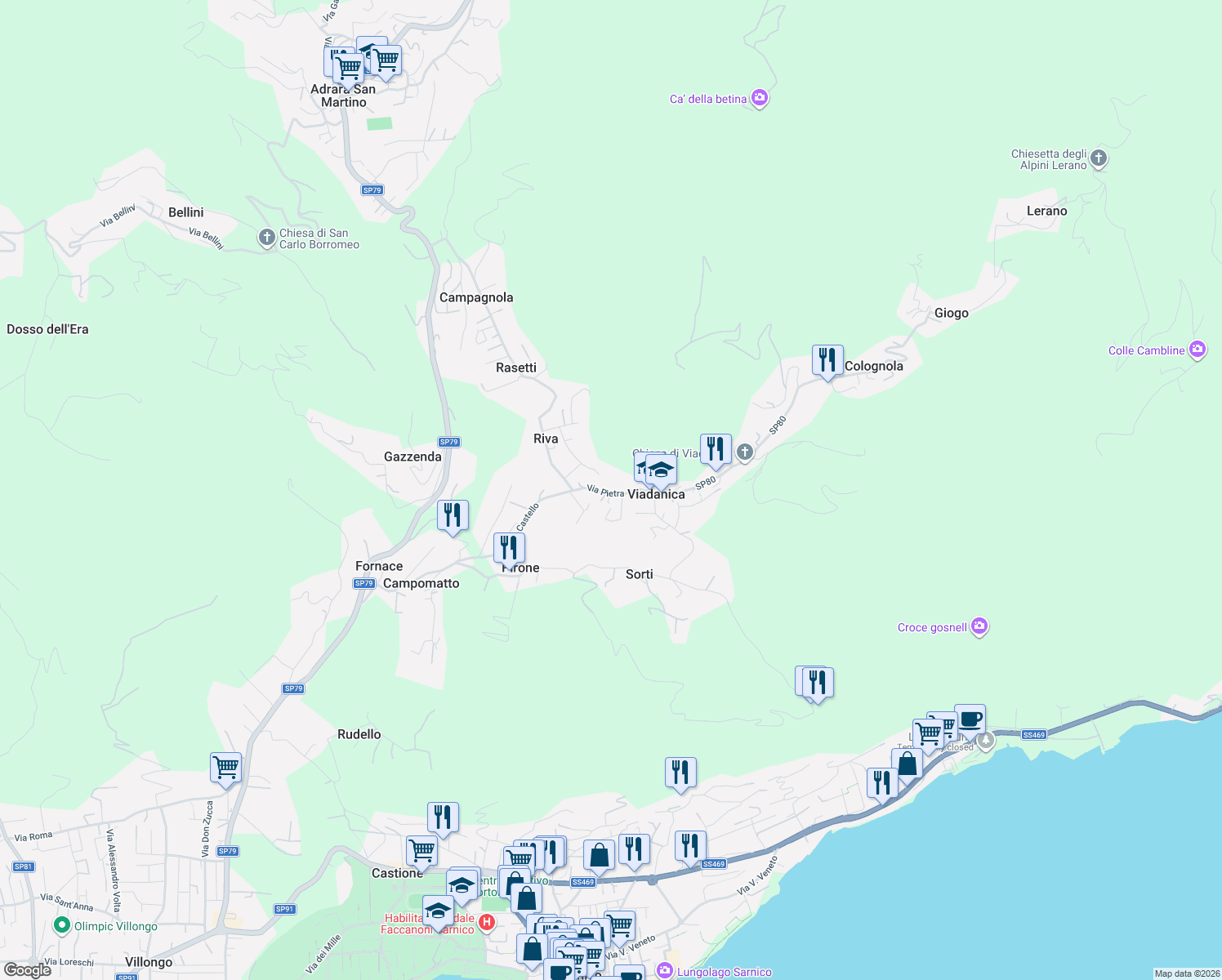 map of restaurants, bars, coffee shops, grocery stores, and more near 24 Via Pietra in Viadanica