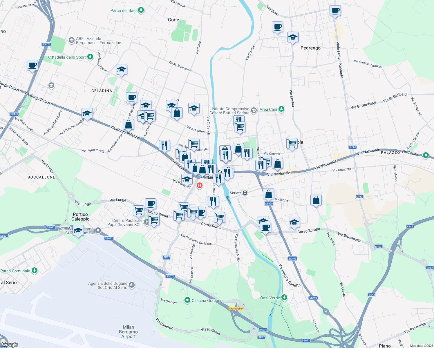 map of restaurants, bars, coffee shops, grocery stores, and more near 12-14 Via Costanza Cerioli in Seriate