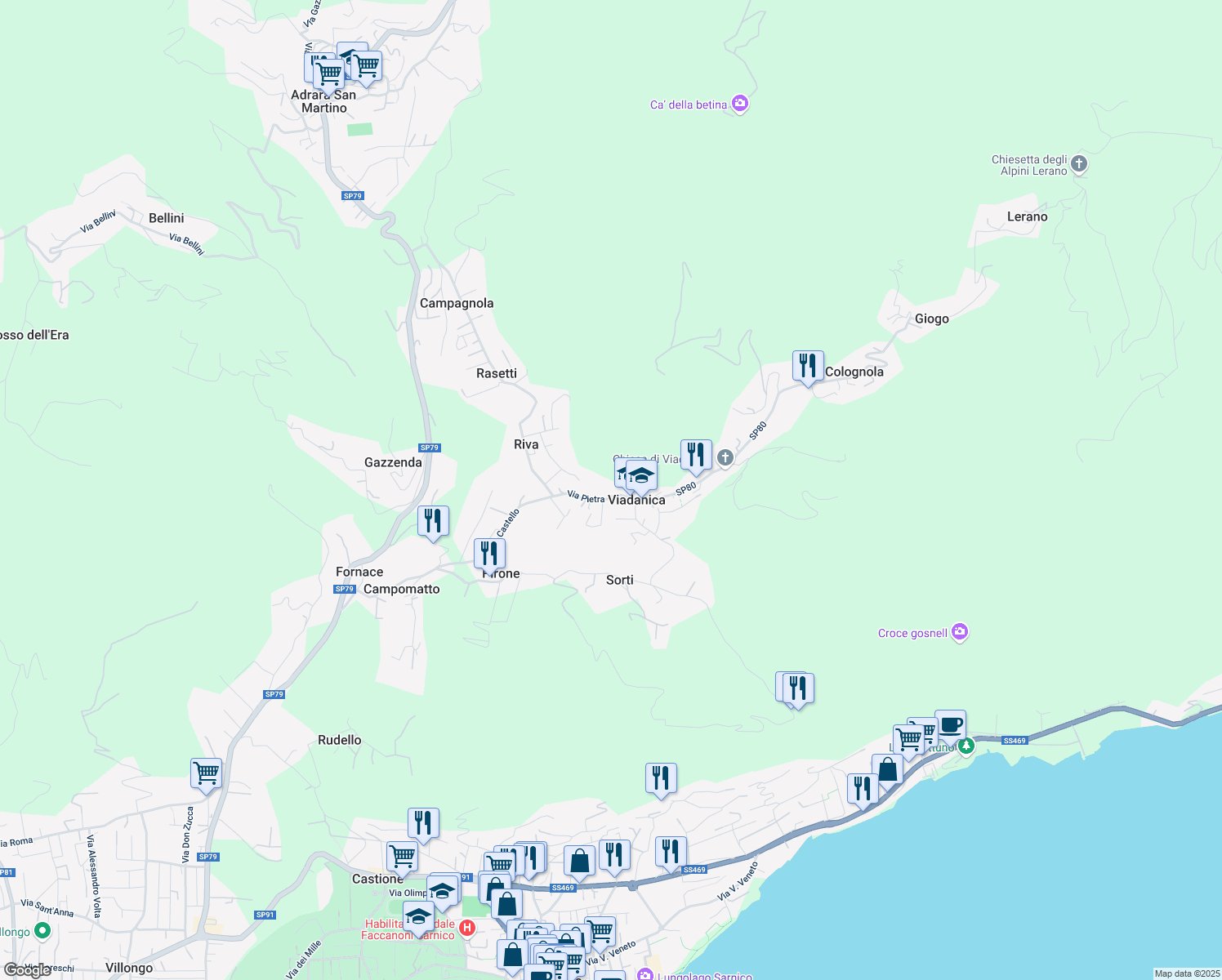 map of restaurants, bars, coffee shops, grocery stores, and more near 6 Via Pietra in Viadanica