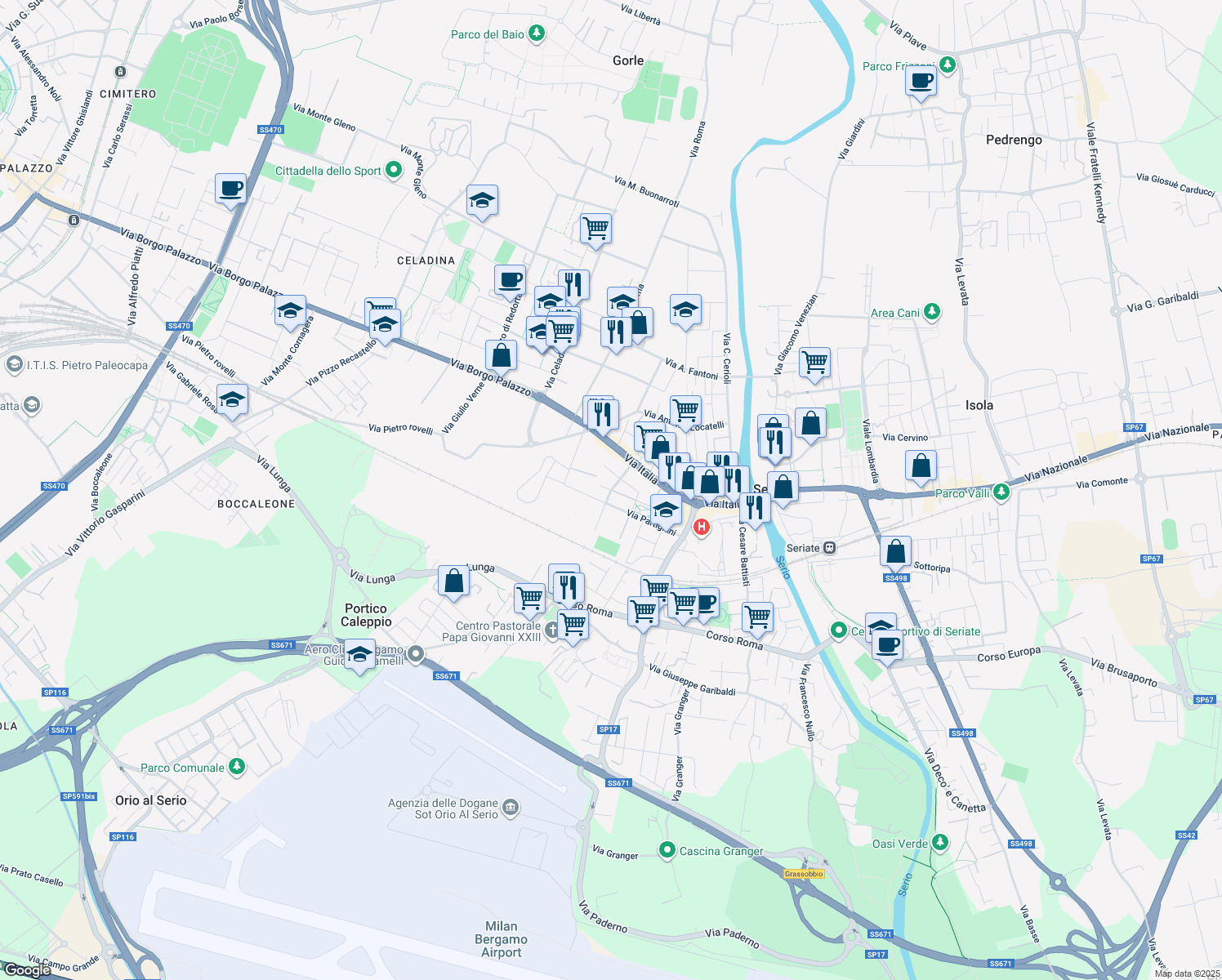 map of restaurants, bars, coffee shops, grocery stores, and more near 23 Via Torquato Tasso in Seriate