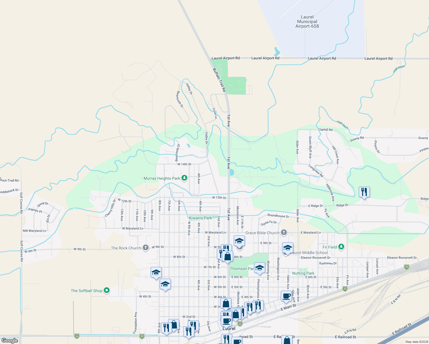 map of restaurants, bars, coffee shops, grocery stores, and more near 1305 Valley Drive in Laurel