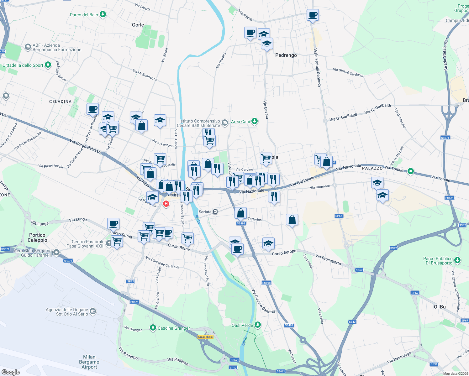 map of restaurants, bars, coffee shops, grocery stores, and more near 6 Via Nazionale in Seriate