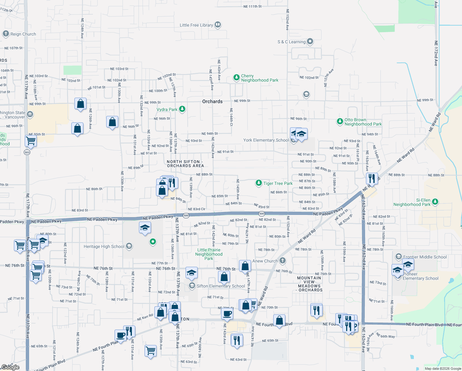 map of restaurants, bars, coffee shops, grocery stores, and more near 14317 Northeast 86th Circle in Vancouver