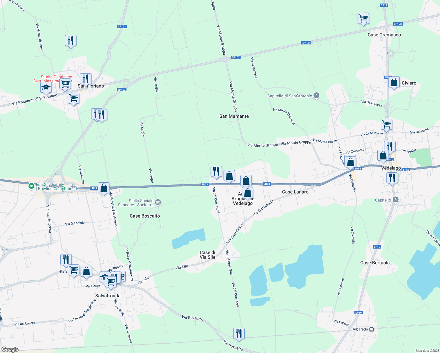 map of restaurants, bars, coffee shops, grocery stores, and more near 40 Via Cal del Bosco in Area Artigianale Vedelago