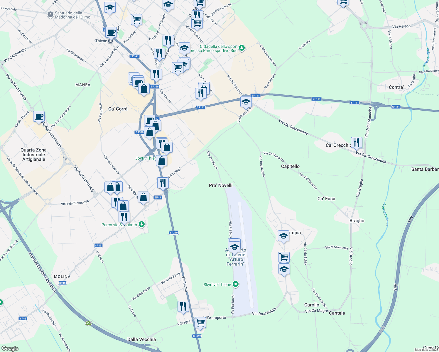 map of restaurants, bars, coffee shops, grocery stores, and more near Via Prà Novei in Pra' Novelli