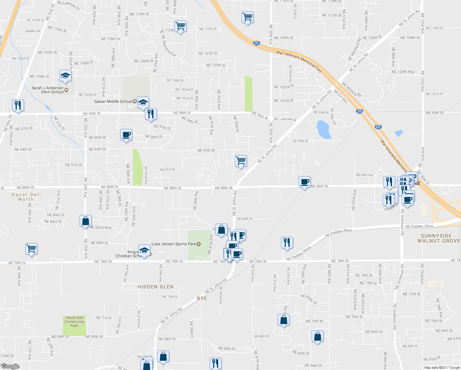 map of restaurants, bars, coffee shops, grocery stores, and more near 4406 Northeast 88th Street in Vancouver